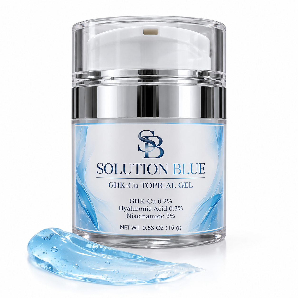 Solution Blue GHK-Cu product jar with silver pump and blue gel